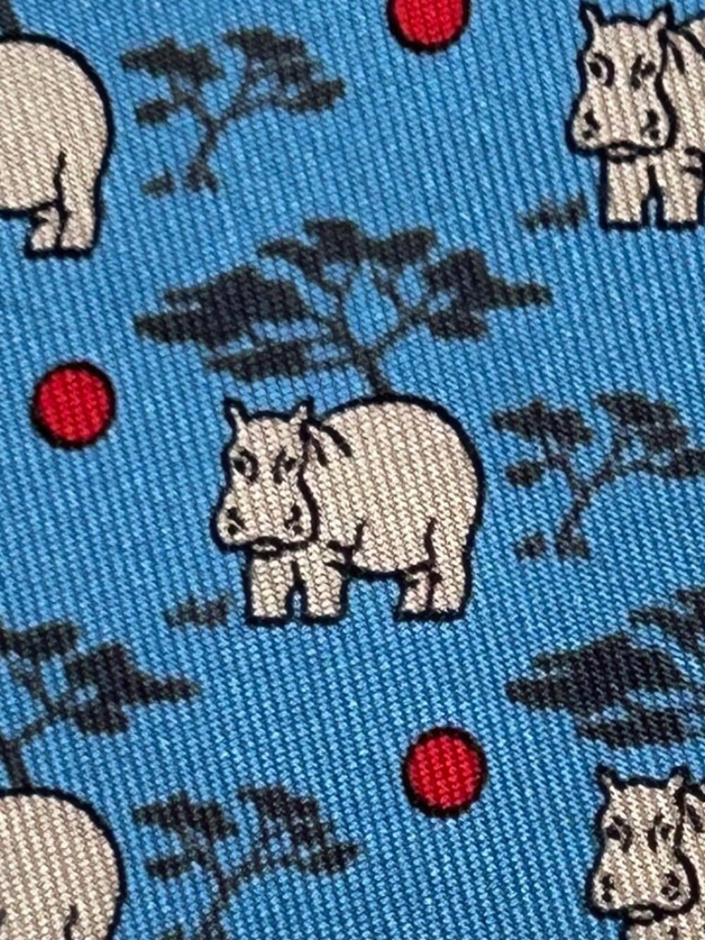 100% REAL HERMES TIE ~ LIGHT BLUE w FUN GRAY AFRICAN HIPPOS & RED MOONS